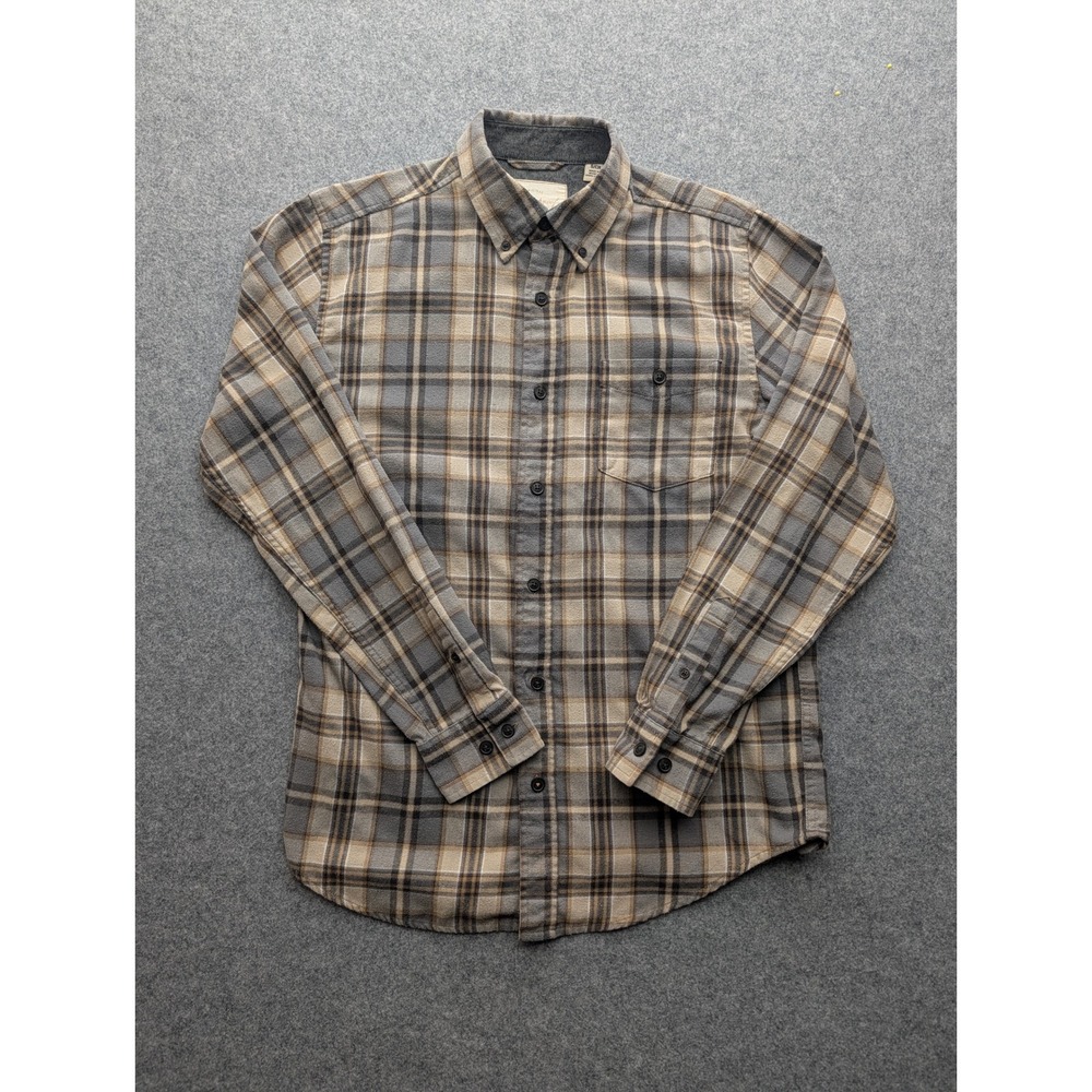 Weatherproof Vintage Mens Small Grey Tan Plaid Flannel Button Down Shirt